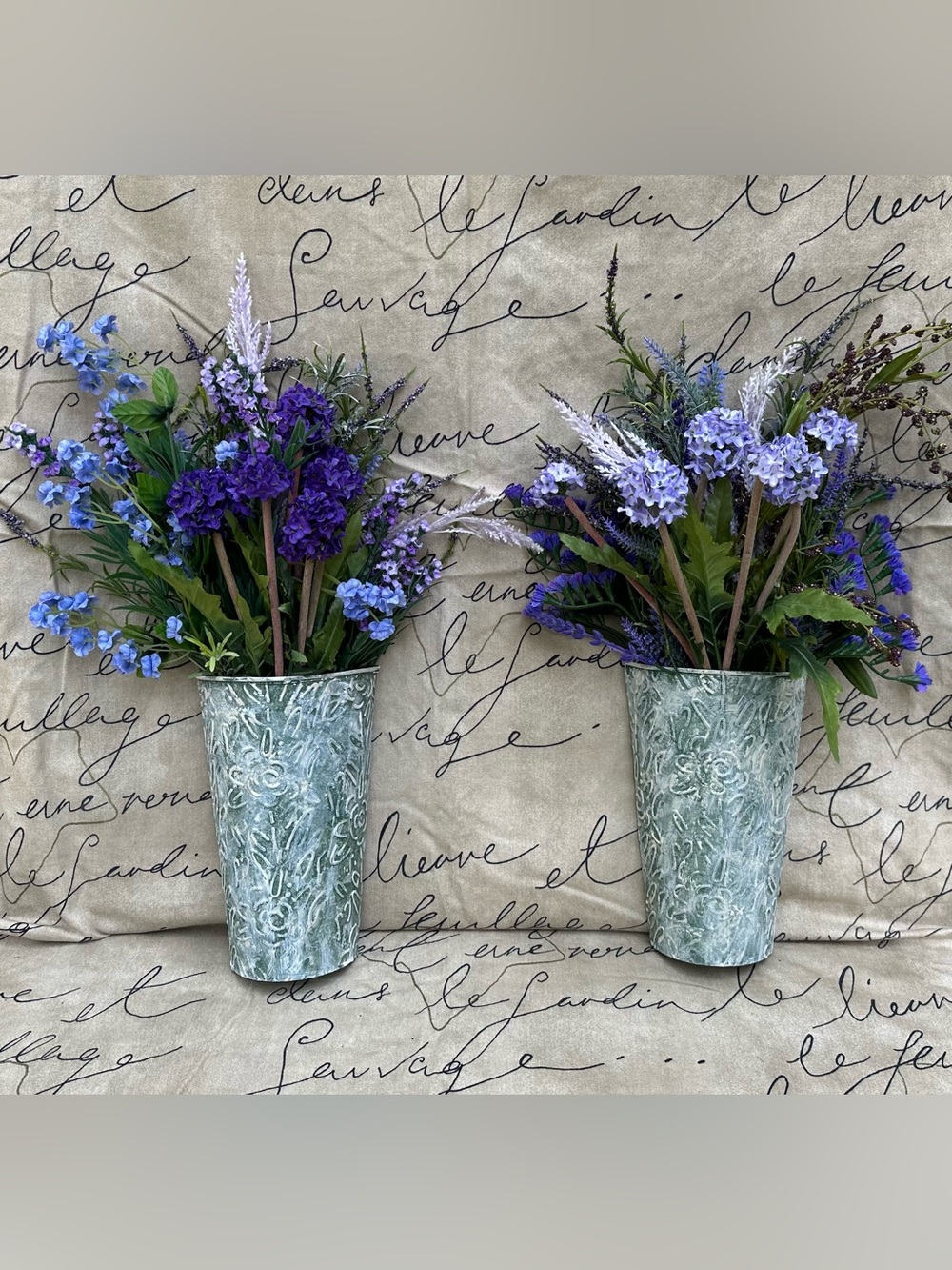 Pair Textured Metal Chalk Painted Wall Pockets overflowing with faux flowers